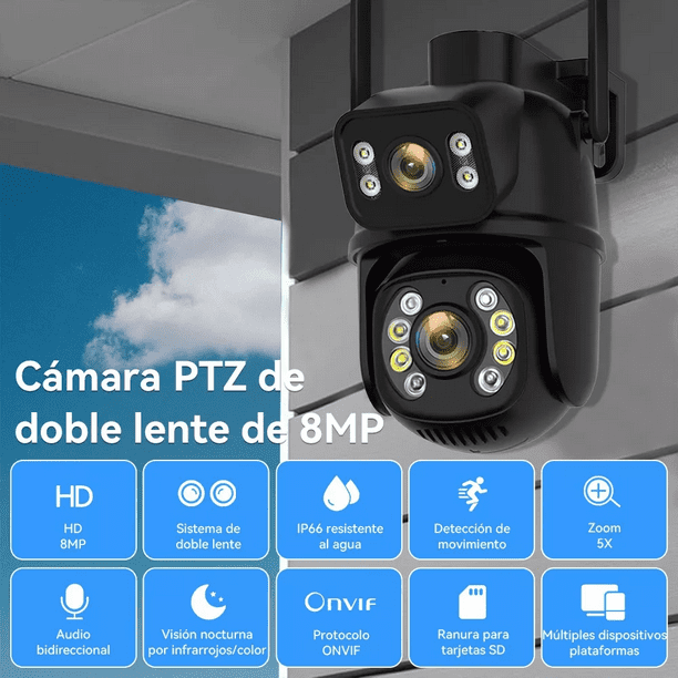 Cámara de Seguridad Wifi Exterior 8MP con Visión Nocturna - Negra