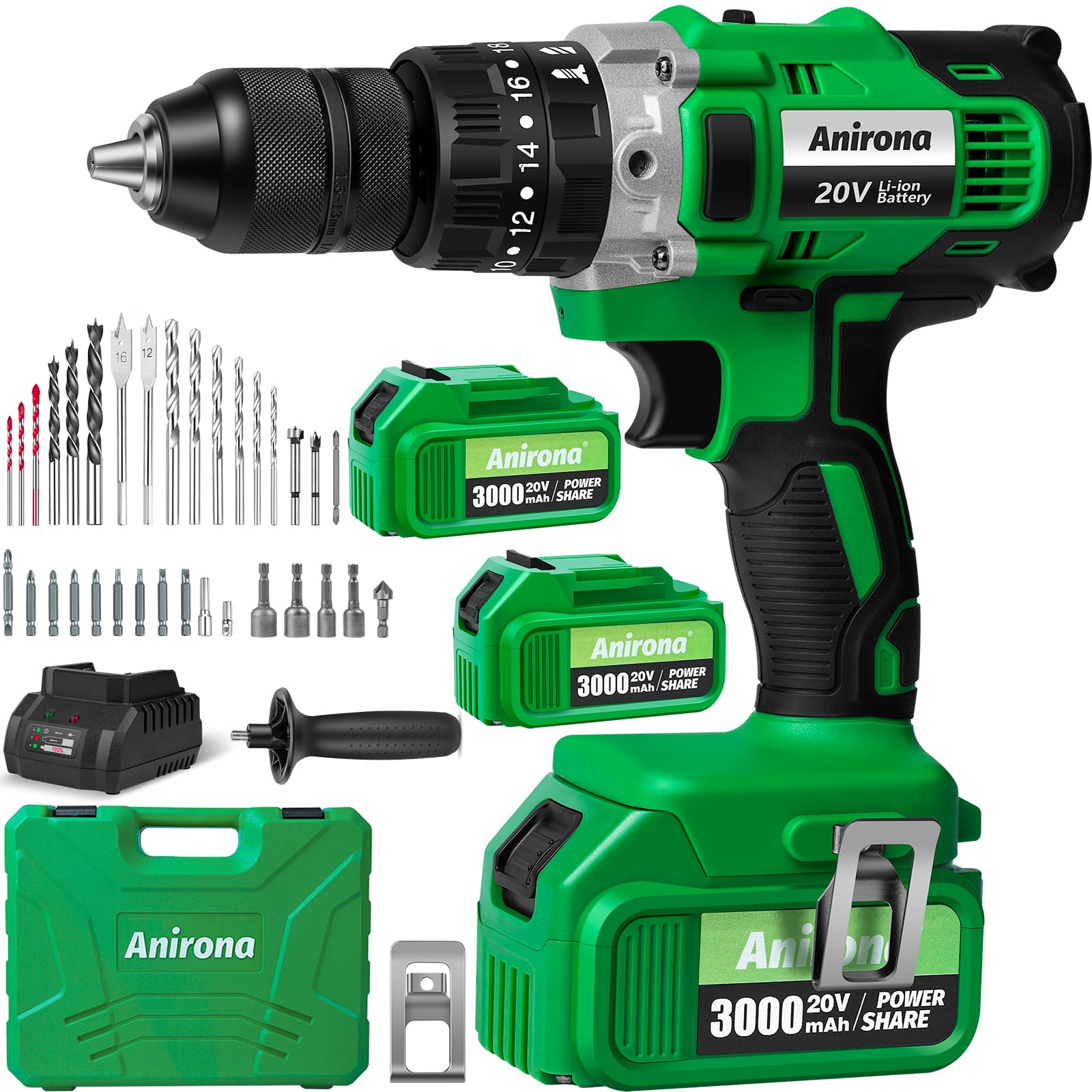 Anirona 20V Taladro Rotomartillo Inalámbrico 1/2'' 50 N m Taladro Percutor de 2 * 3Ah Batería