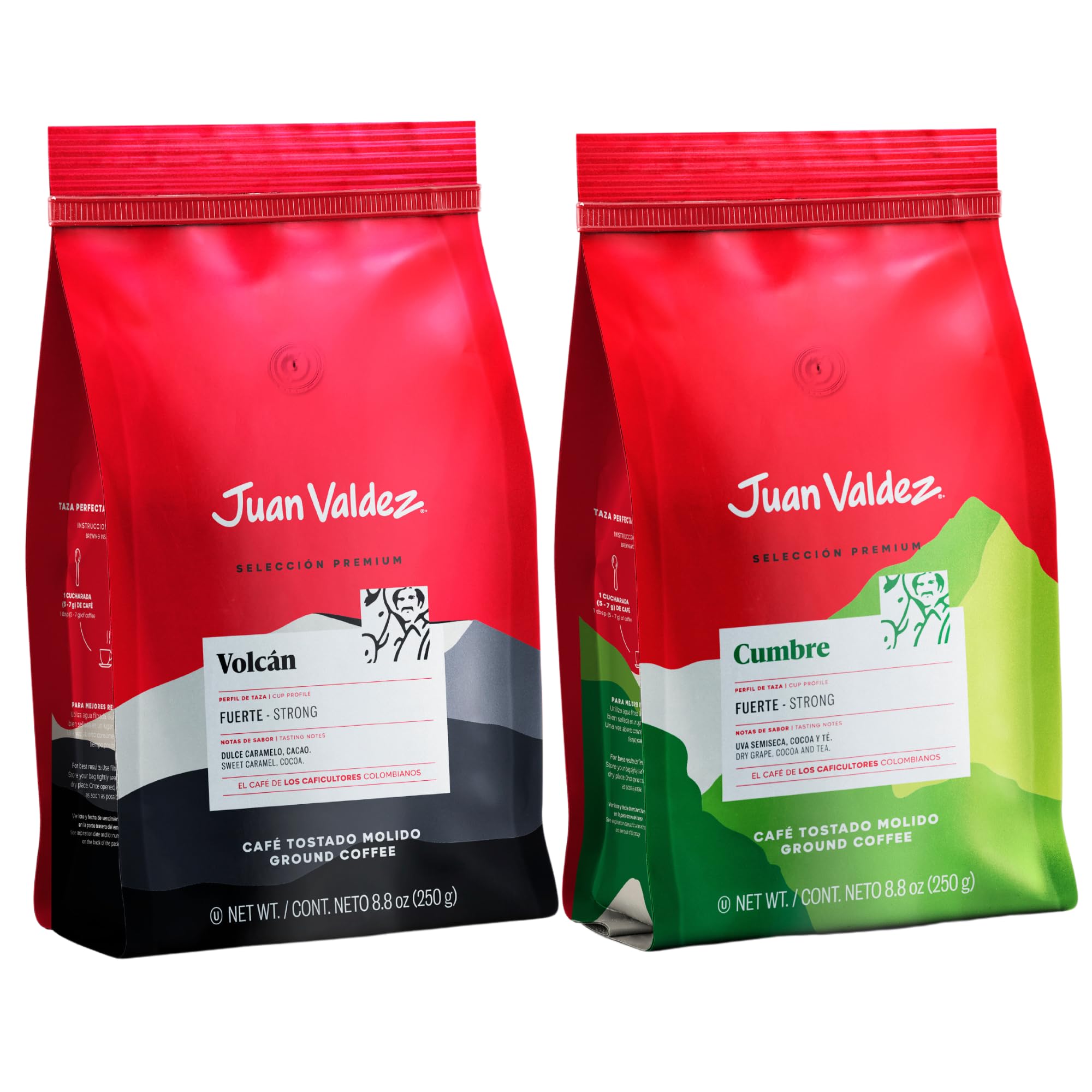 Juan Valdez - 2 Pack Café Molido Cumbre y Volcán - Intenso y Tostado de Colombia, Selección Premium - 250 g cada uno