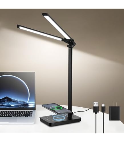 Lámpara de Escritorio LED con Doble Cabezal Ajustable 5 Modos de Color y 10 Niveles de Brillo