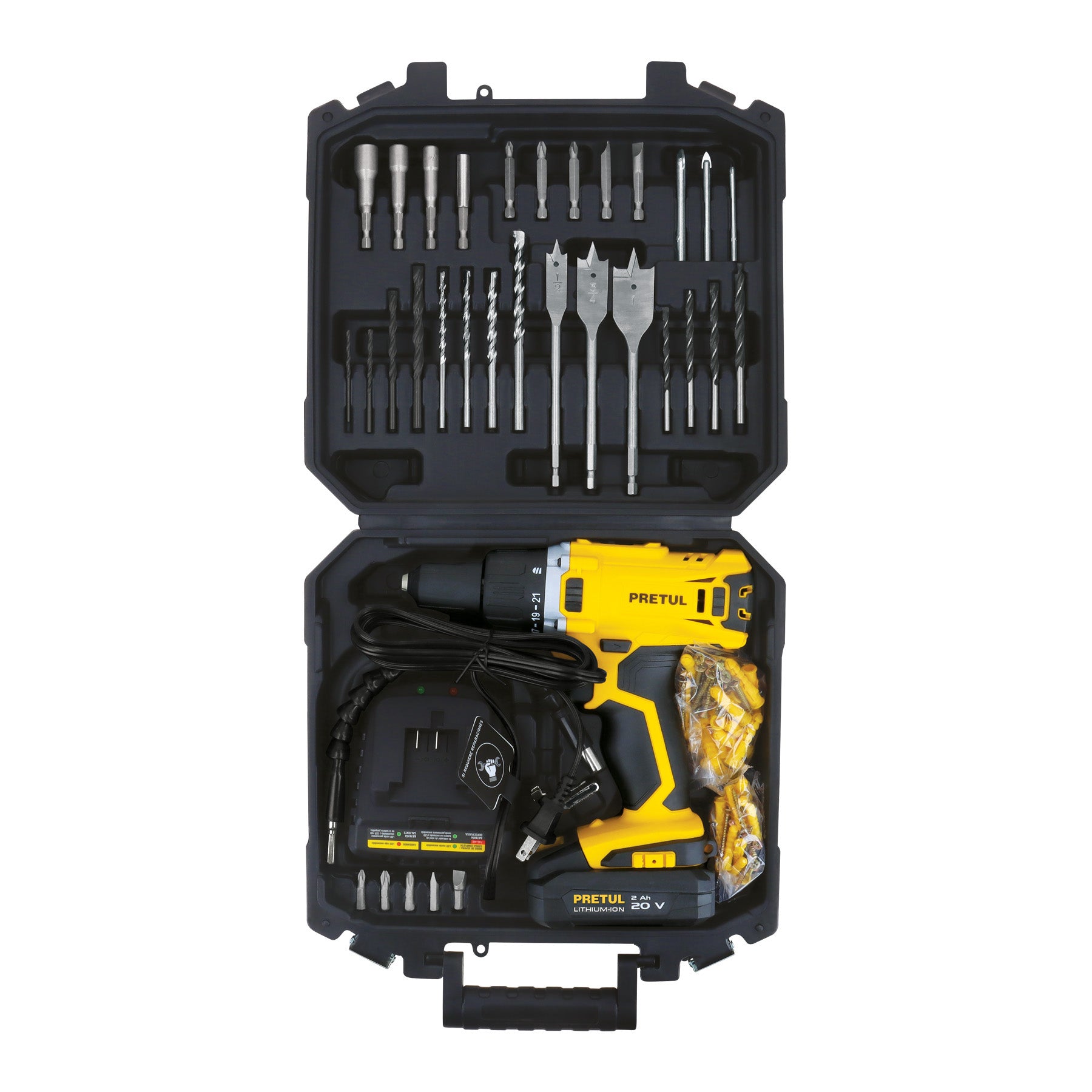 PRETUL Kit taladro inalámbrico 1/2' 20v y 32 accesorios
