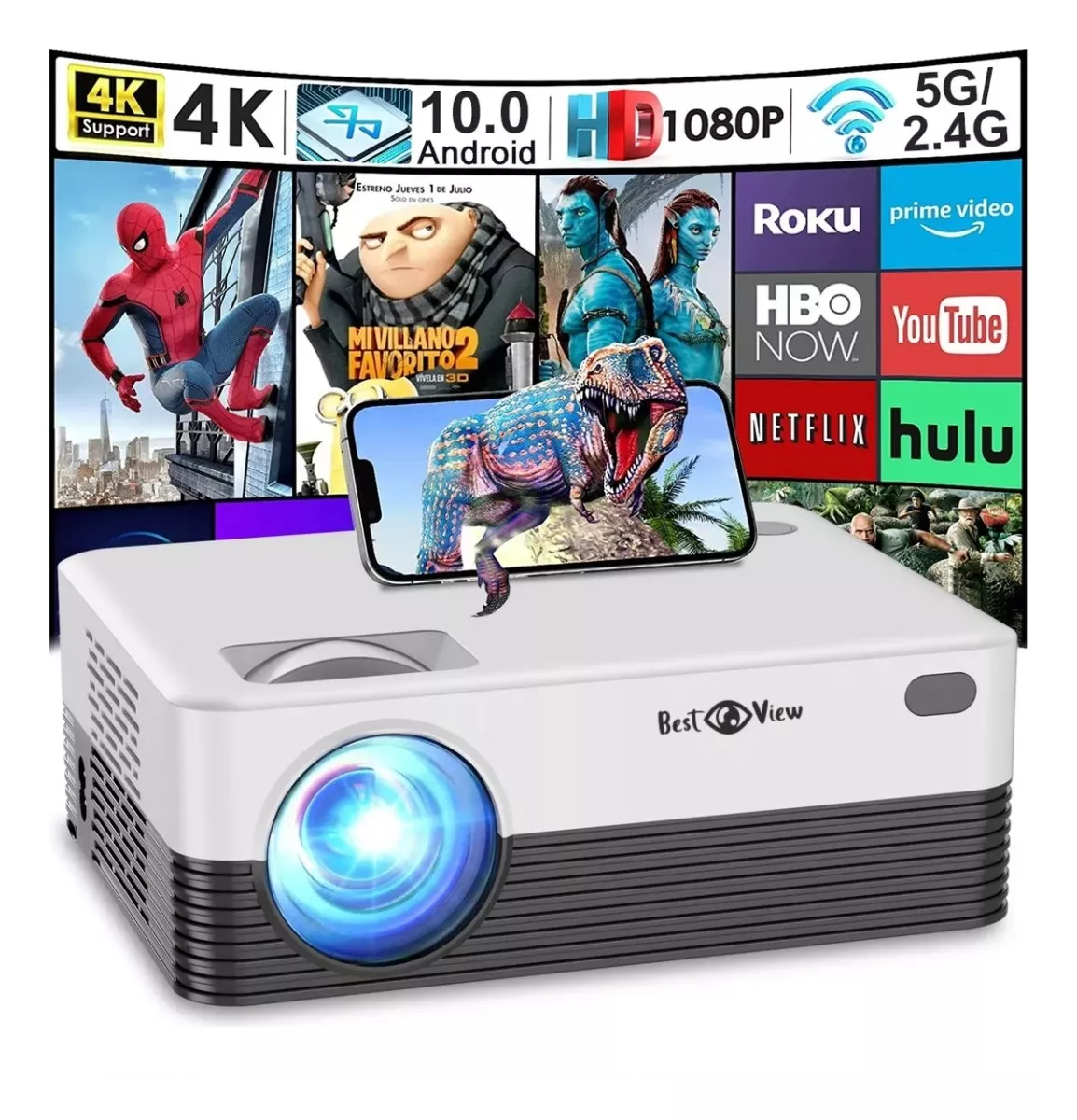 Proyector portátil wifi bt 1080p 4k android 10 con pantalla blanco